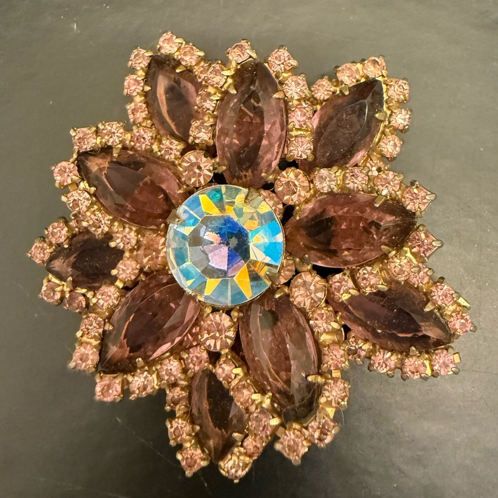 Vintage Mid-Century Layered Rhinestone Flower Brooch.
